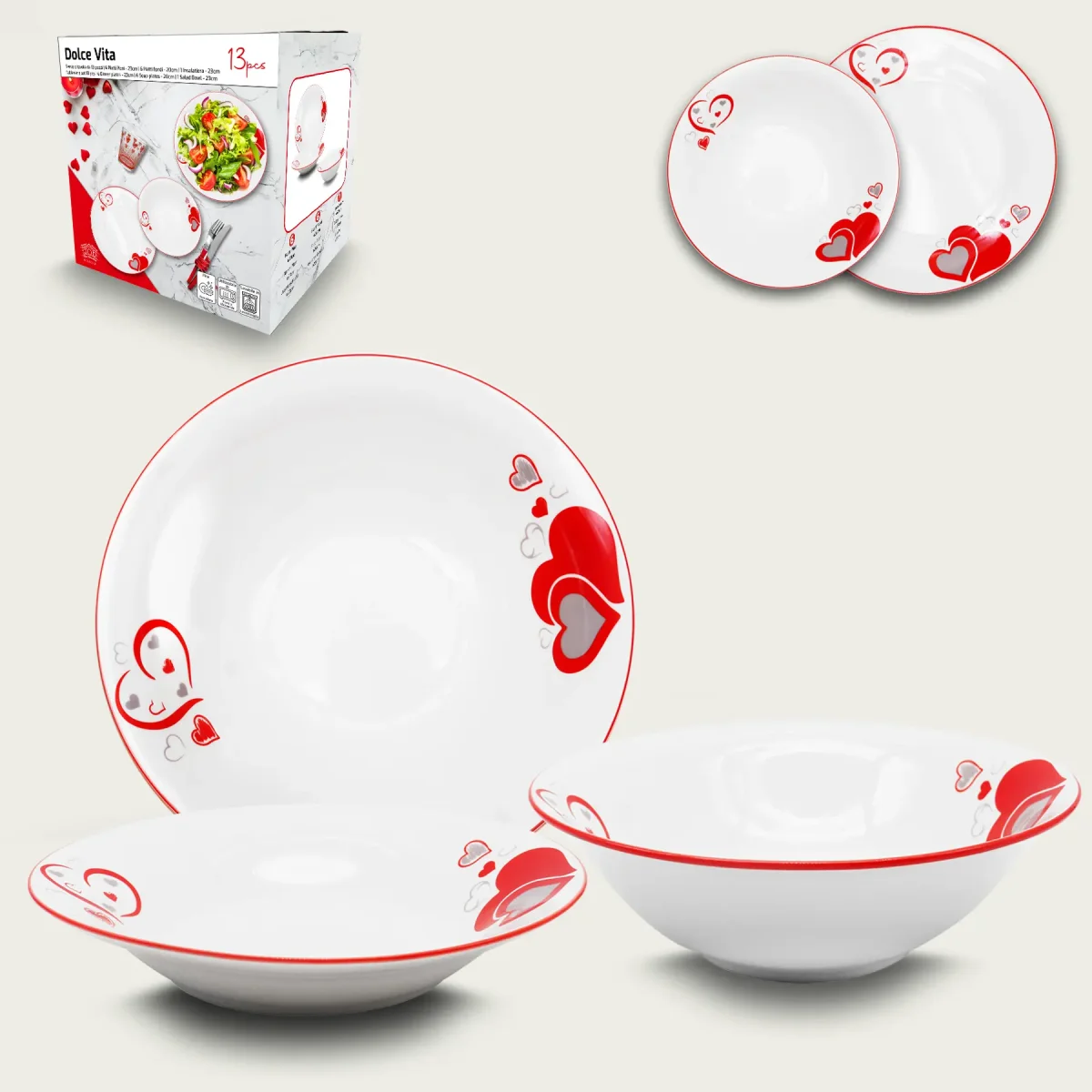 Set 12 Piatti Dolce Vita E Ciotola Ø 23 Cm In Porcellana