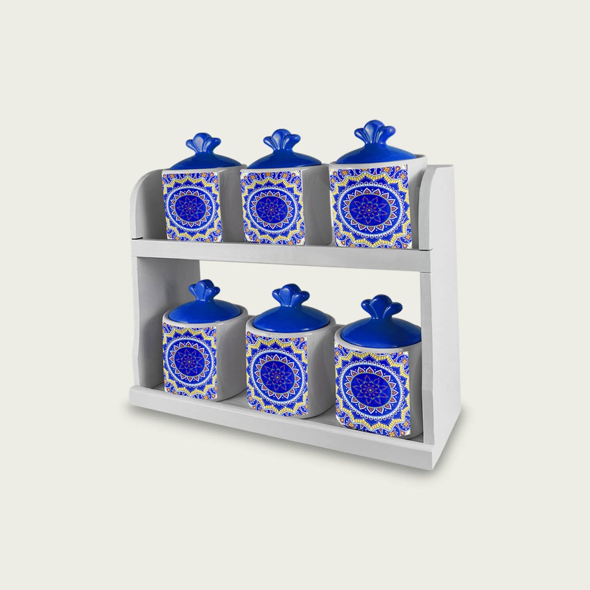 S/6 Barattoli Kyoto In Ceramica Blu Con Mensoletta