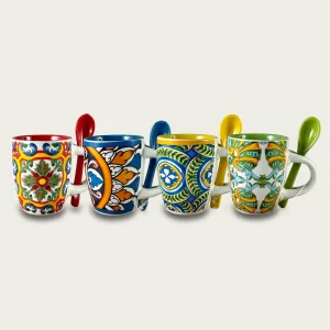 Set 4 Tazze Caffè Con Cucchiaino Mosaico Italiano